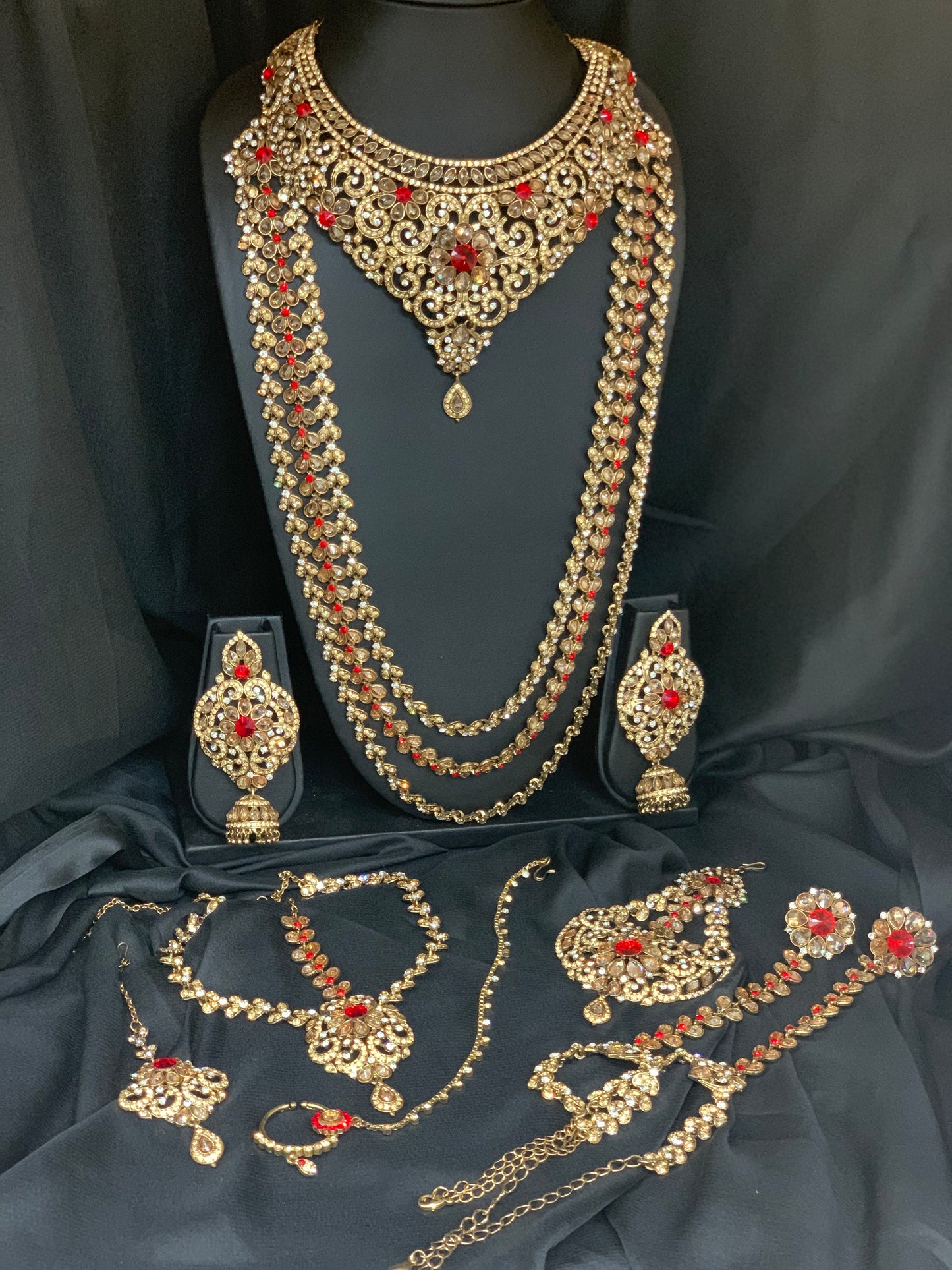 Anjali Antique Gold Bridal Jewelry Set W/ Red Rhinestones