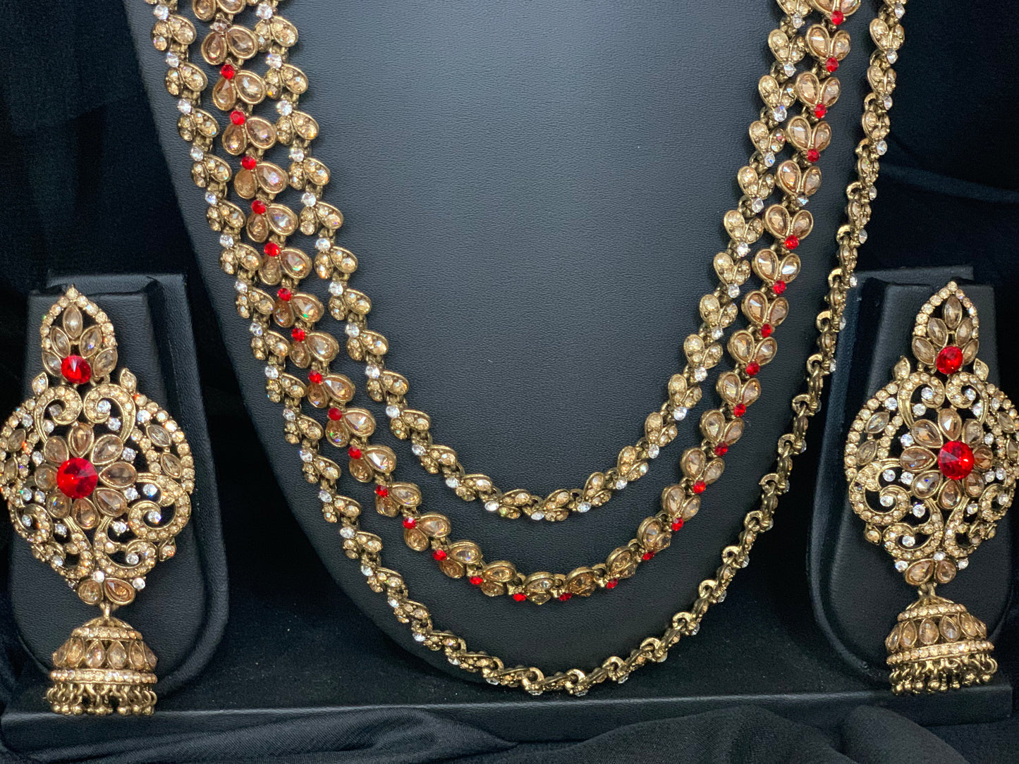 Anjali Antique Gold Bridal Jewelry Set W/ Red Rhinestones