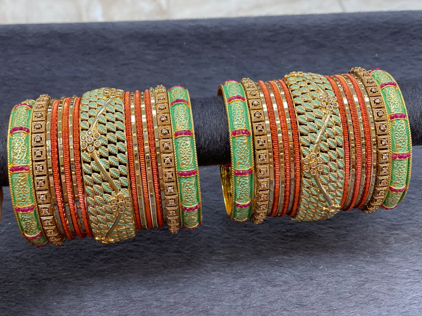 Gold Bangle Set with Handprinted Minawork Kangans, Size 2.6