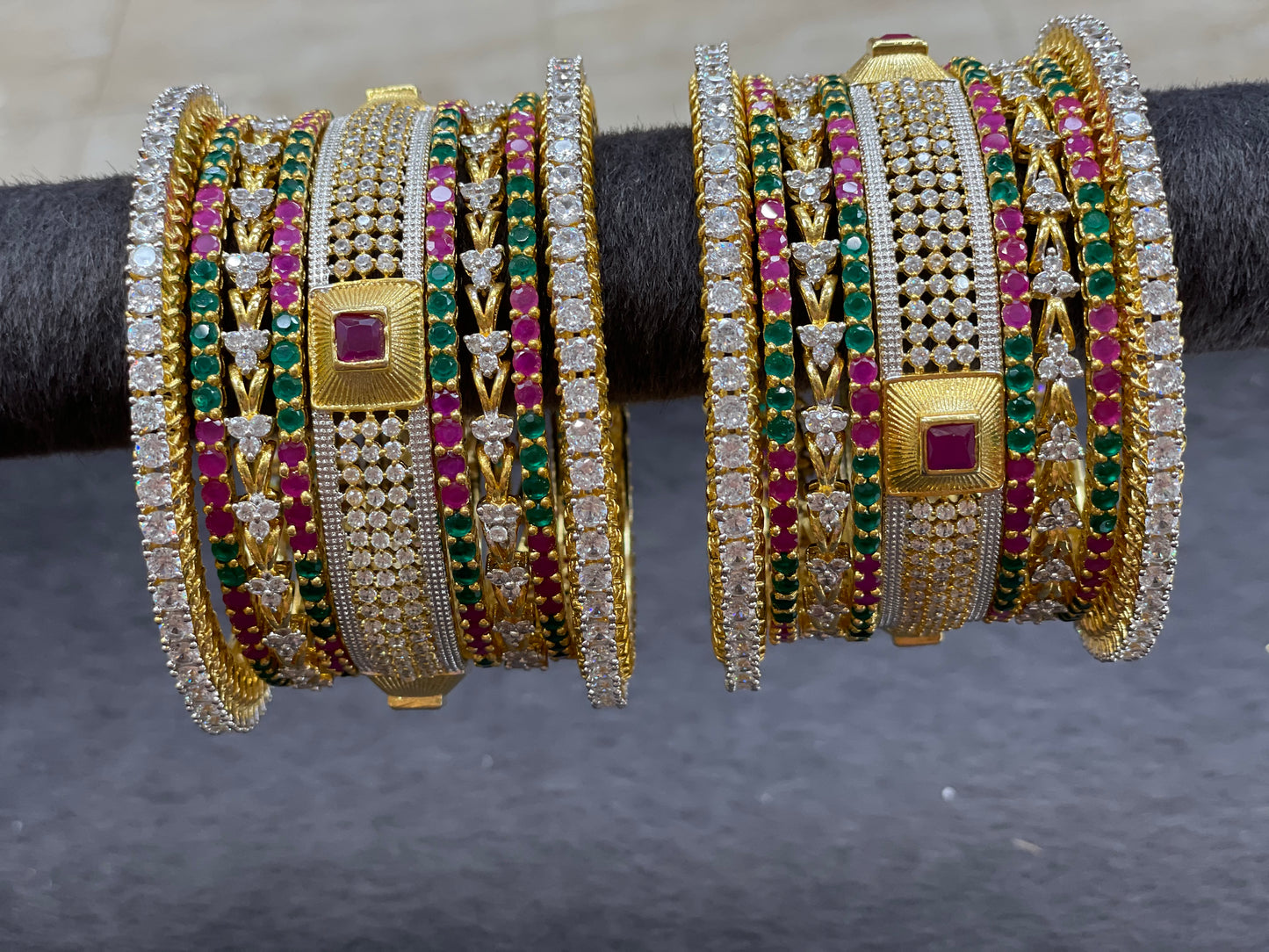 Cubic Zirconia Bangle Set with Emerald and Ruby Stones,  Size 2.6