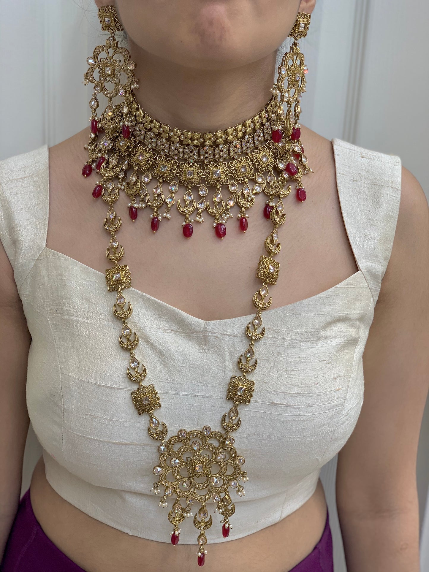 Chetna Antique Gold Bridal Jewelry W/Maroon Accents