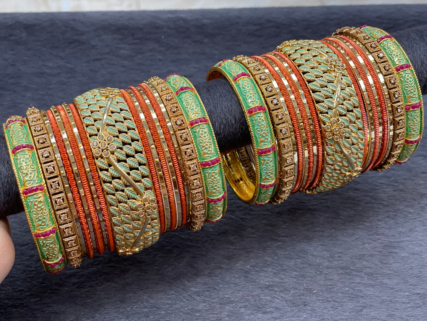 Gold Bangle Set with Handprinted Minawork Kangans, Size 2.6