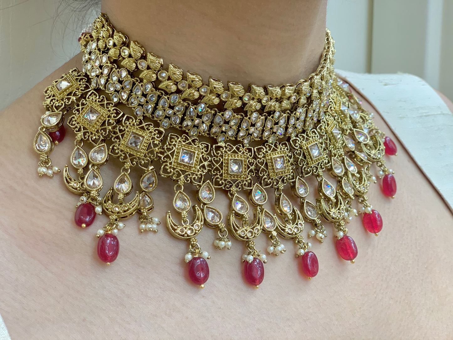 Chetna Antique Gold Bridal Jewelry W/Maroon Accents