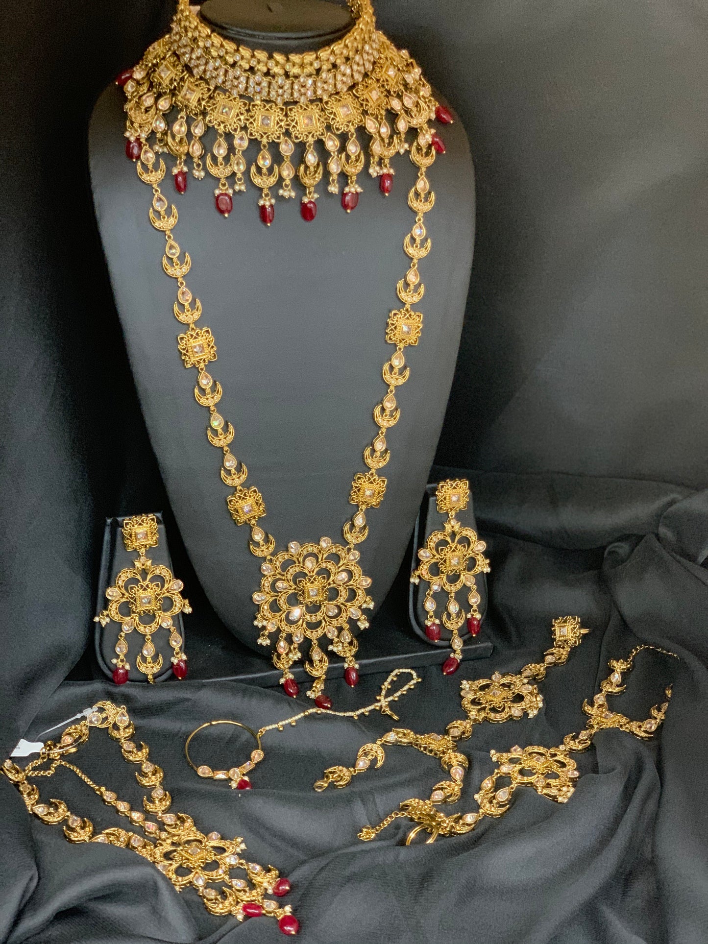 Chetna Antique Gold Bridal Jewelry W/Maroon Accents