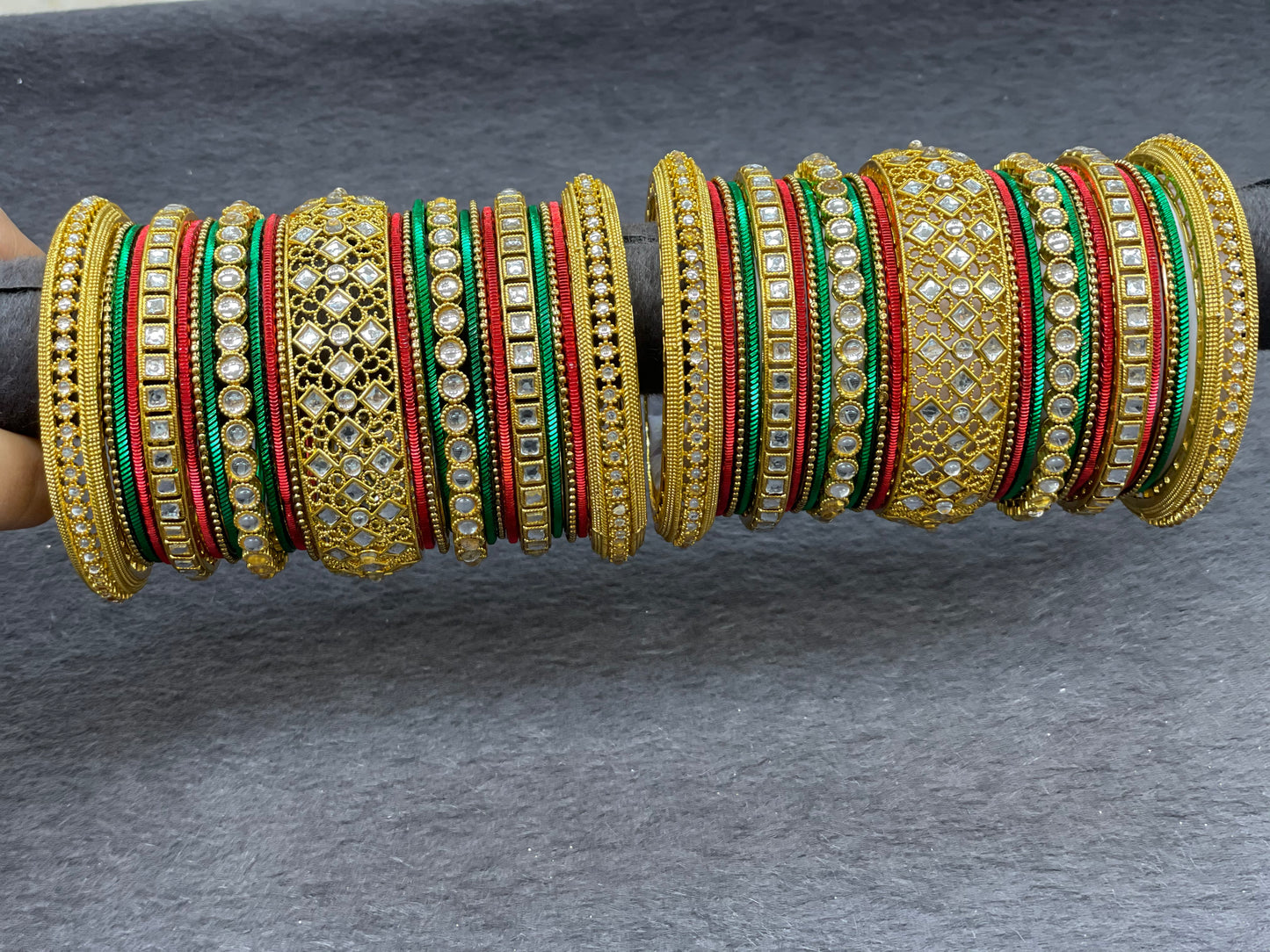 Traditional Gold Bangle Set with Kundan Kadas, ,Size 2.6