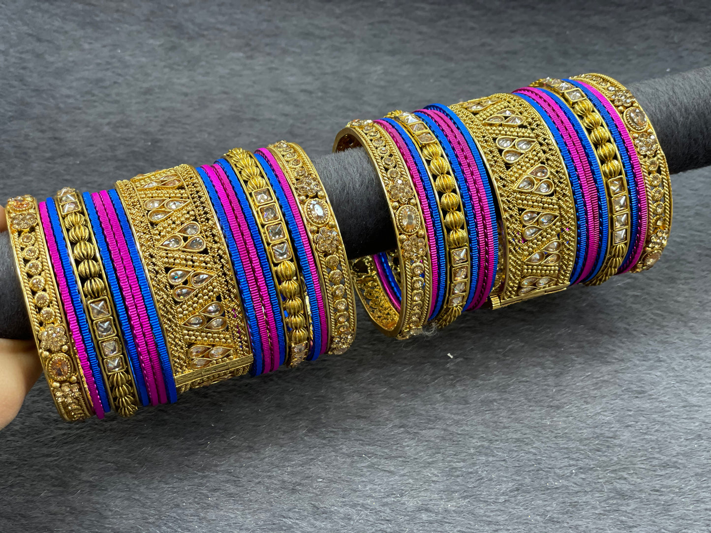 Indian Bright Gold Polki Bangle Set W/ Center Openable Kada, Size 2.6