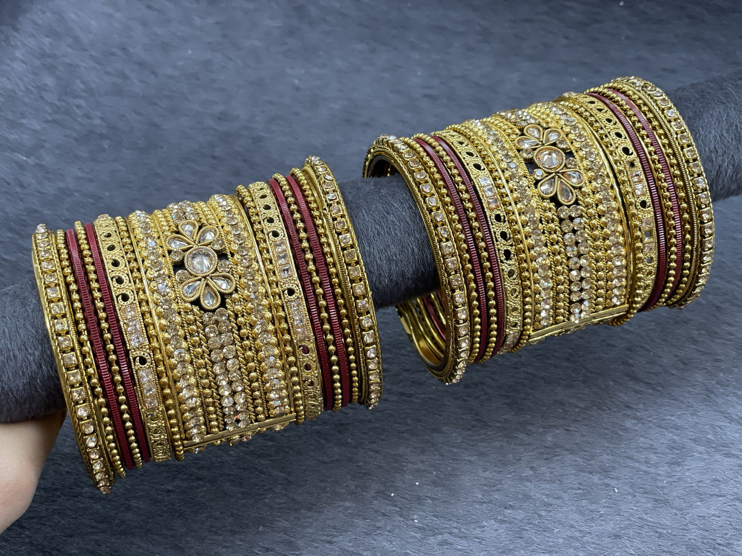 Gold Bangle Set with Rhinestone, Adjustable Kadas, Size 2.4