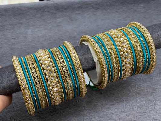 Antique Gold Custom Bangle Set with Polki Stones