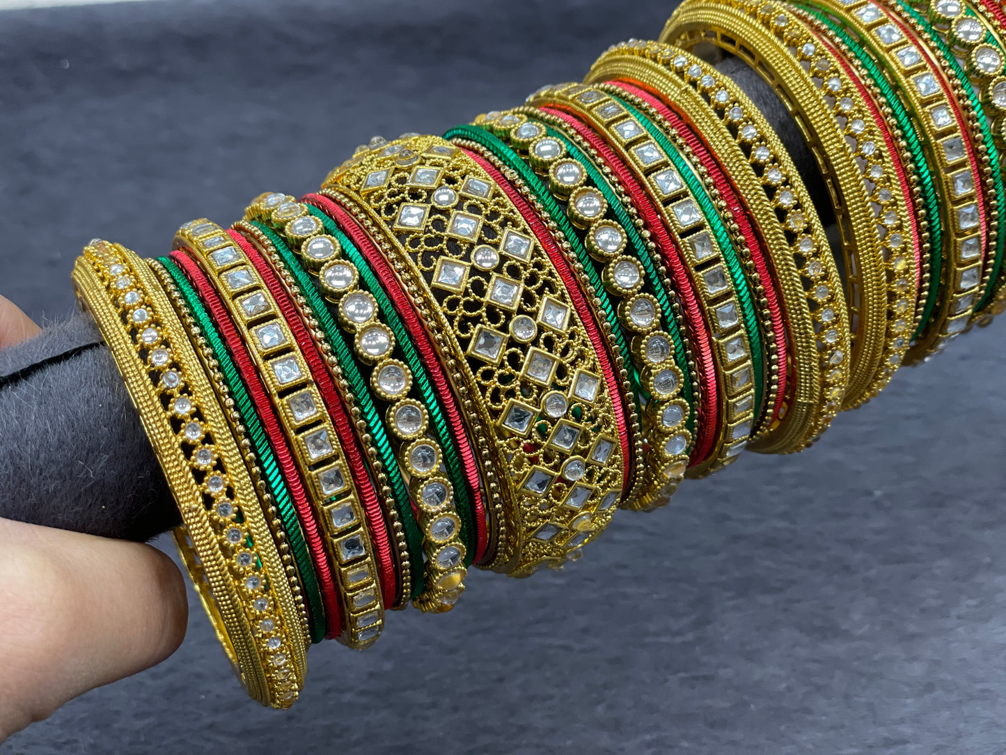 Traditional Gold Bangle Set with Kundan Kadas, ,Size 2.6