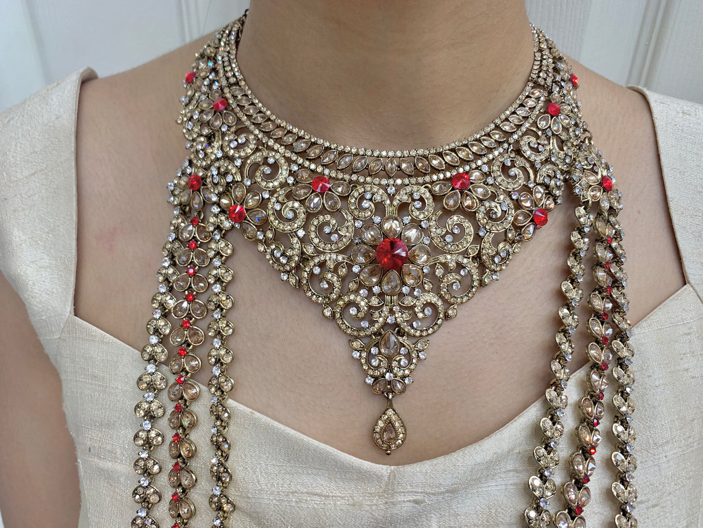 Anjali Antique Gold Bridal Jewelry Set W/ Red Rhinestones