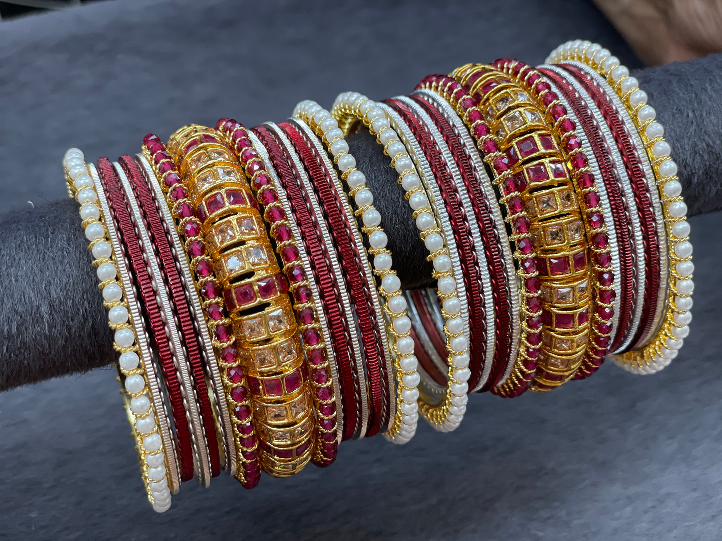 Gold Bangle Set Paired with Pearl Bangle