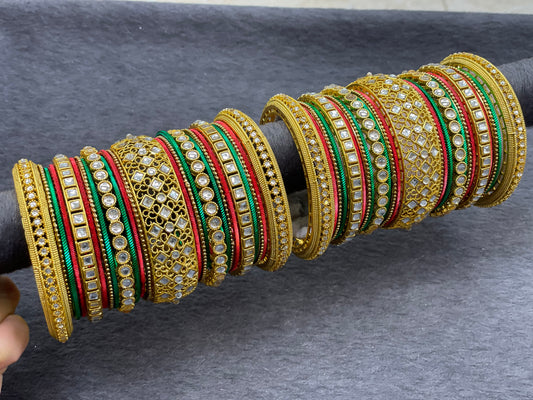 Traditional Gold Bangle Set with Kundan Kadas, ,Size 2.6