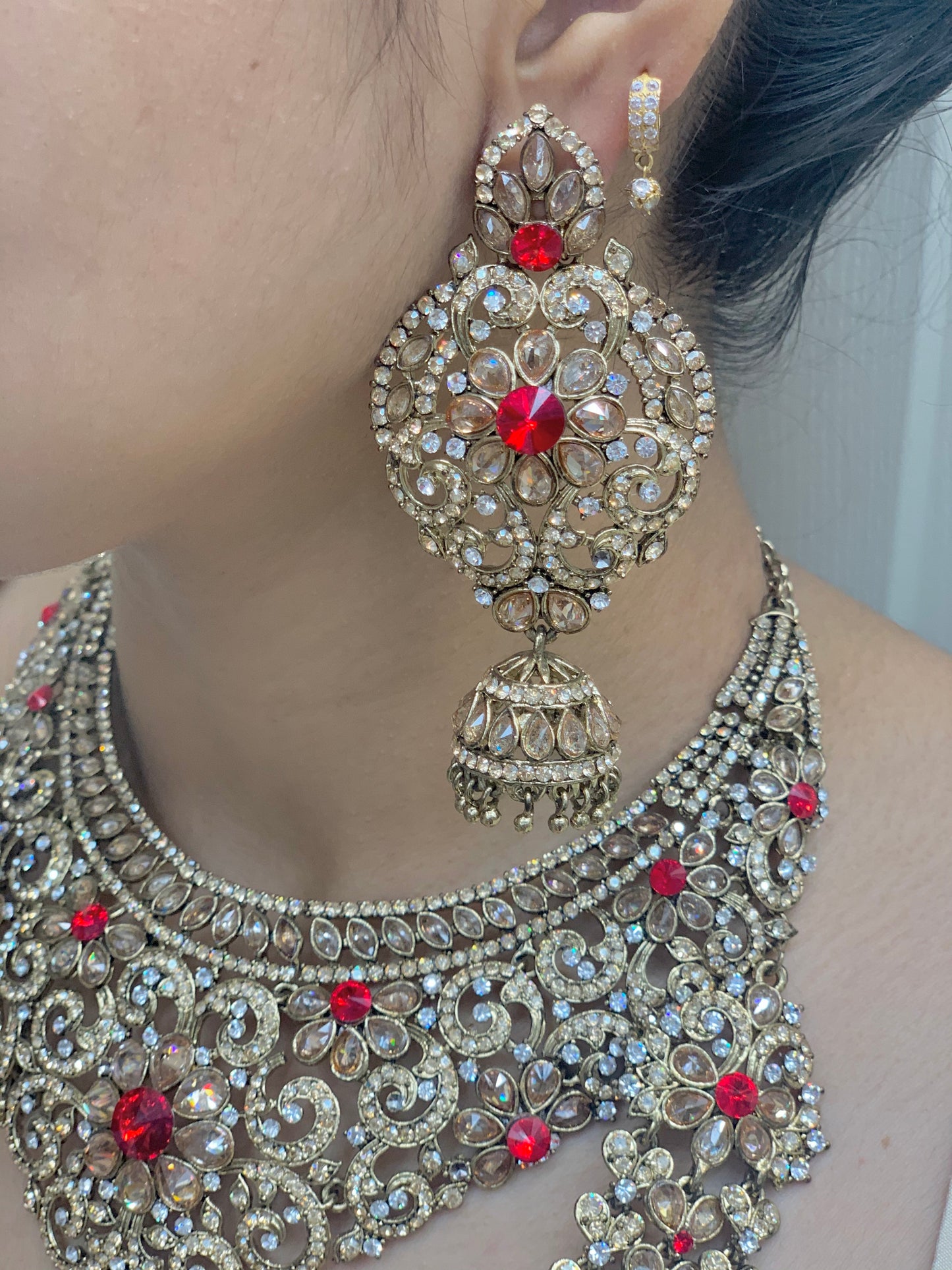 Anjali Antique Gold Bridal Jewelry Set W/ Red Rhinestones