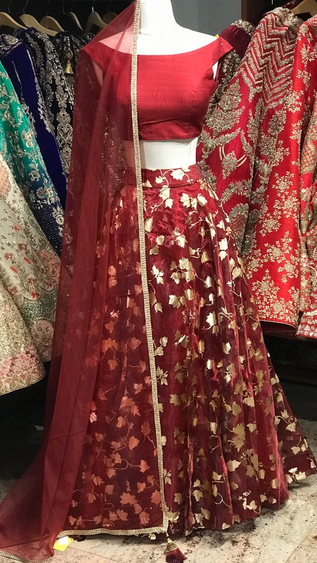 Maroon Off Shoulder Bridesmaid's Lehenga